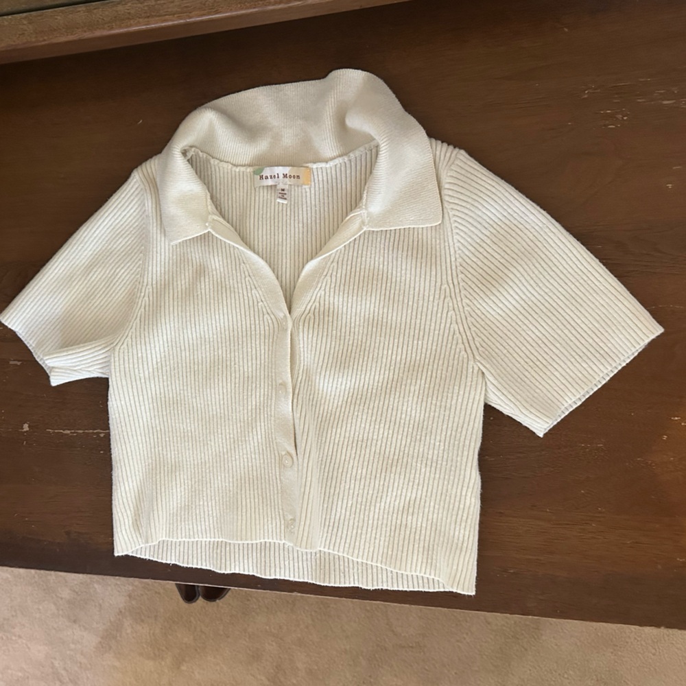 White Knit Collared Crop Top